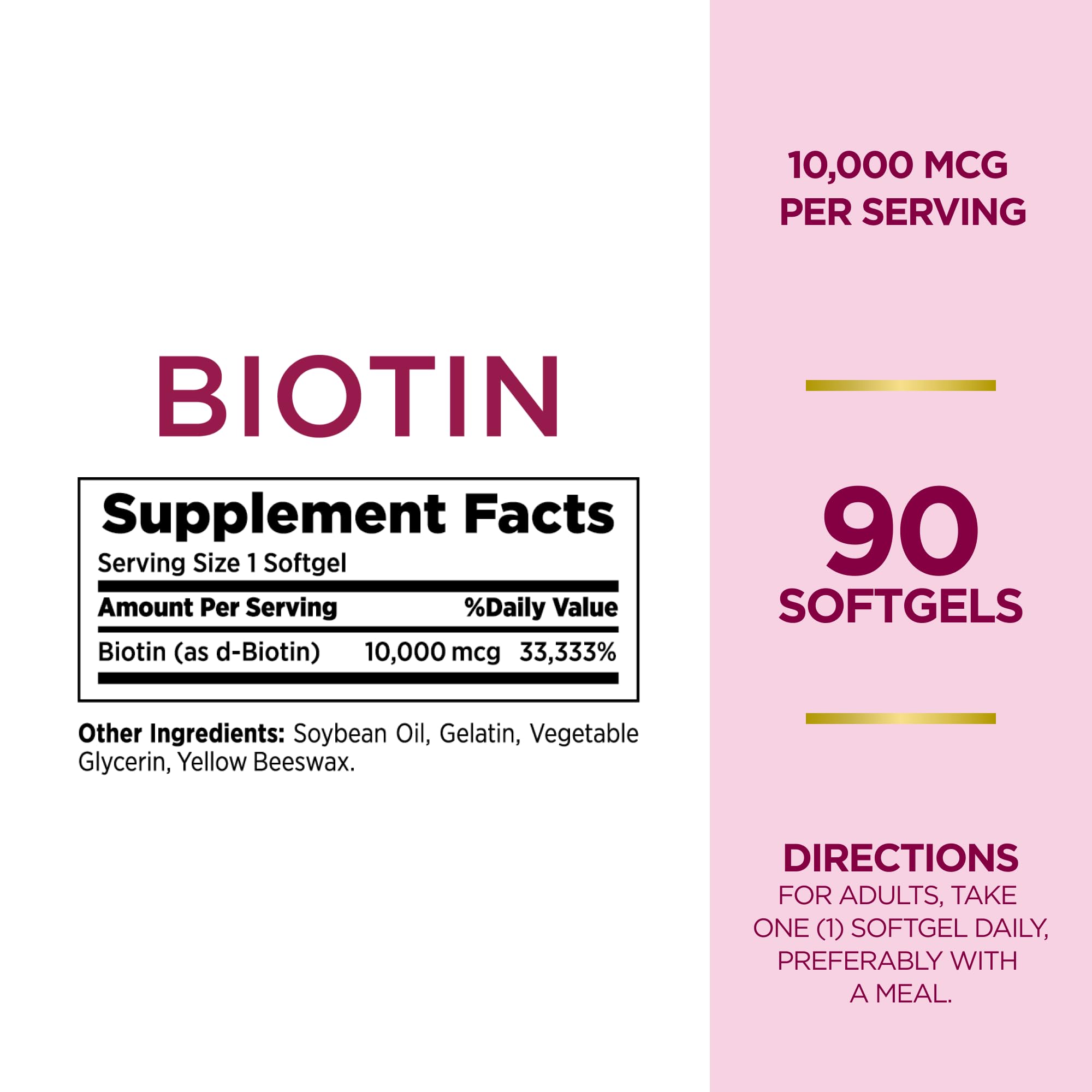 Close-up of Biotin 10000mcg rapid-release capsules from Nature's Bounty.