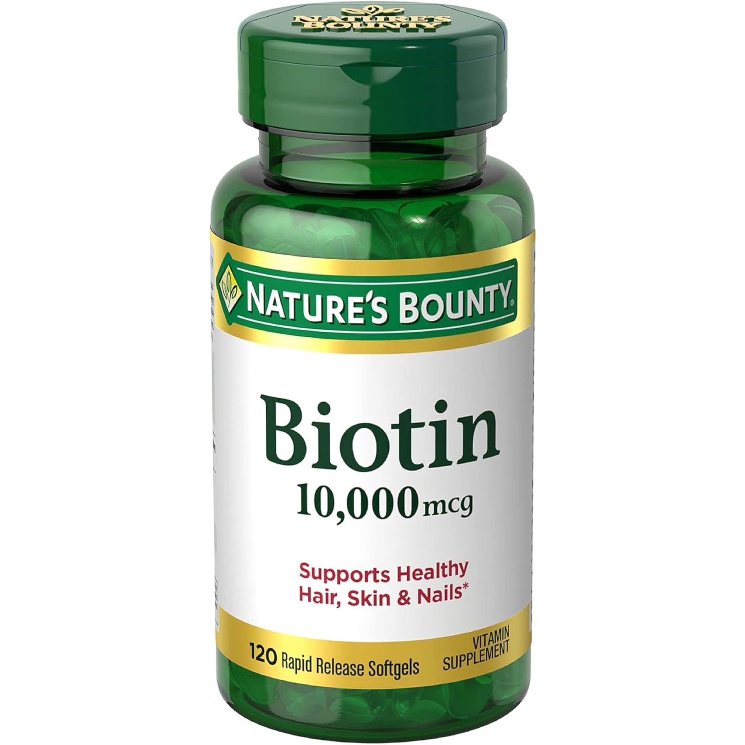 Nature's Bounty Biotin rapid-release softgels for daily hair and nail support.