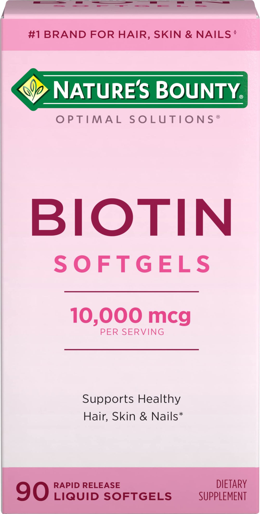 Nature's Bounty Biotin softgels bottle with 90 rapid-release capsules for hair, skin, and nails.