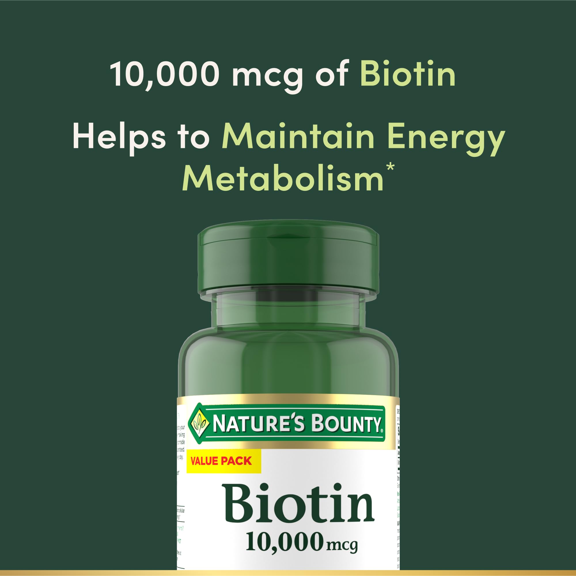 Nature's Bounty Biotin softgels close-up focusing on easy-to-swallow capsules for hair, skin and nails.