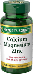 Nature's Bounty Cal-Mag-Zinc caplets bottle front view for daily mineral support.