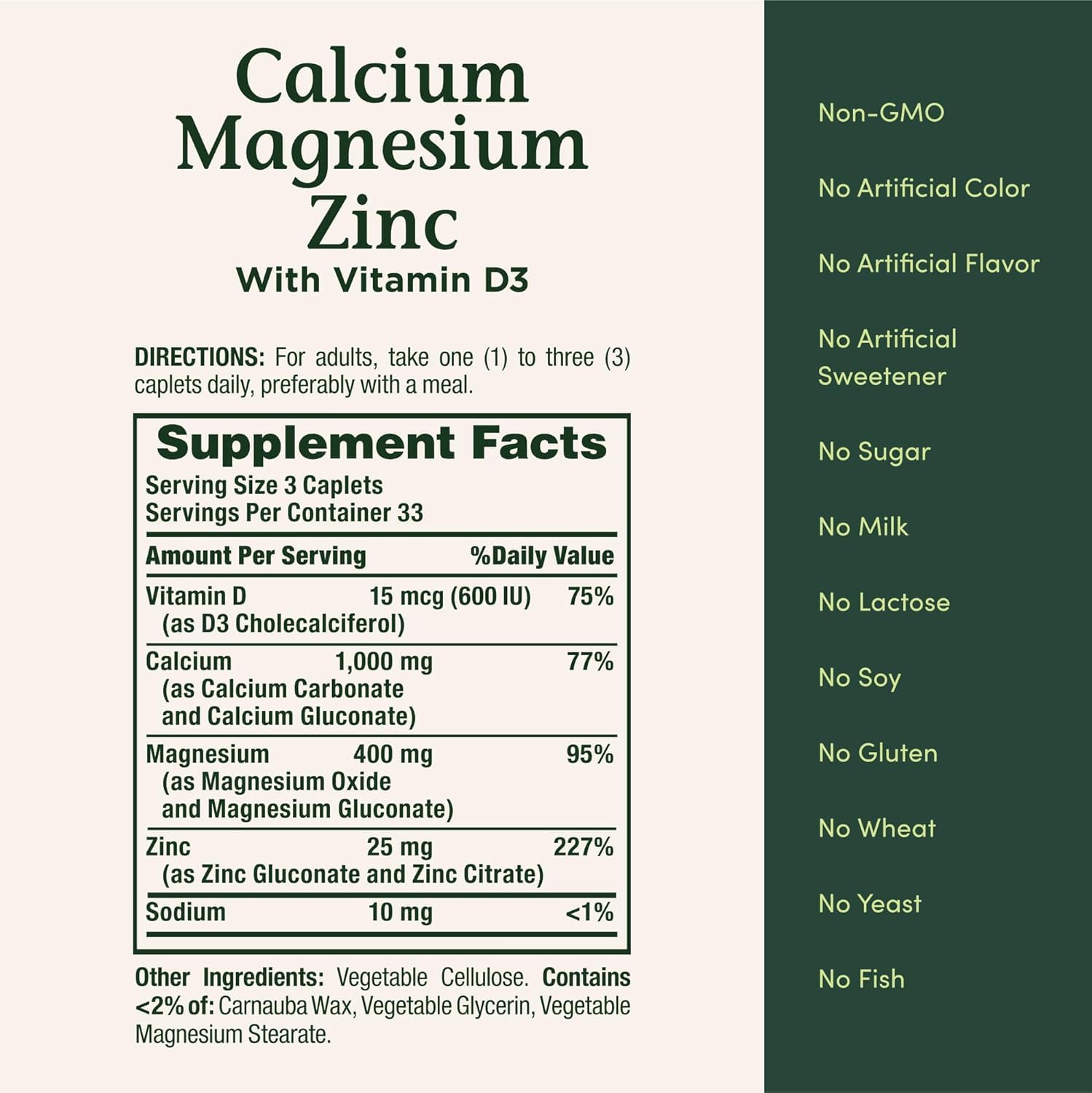Nature's Bounty Cal-Mag-Zinc caplets label front highlighting essential minerals.