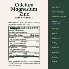 Nature's Bounty Cal-Mag-Zinc caplets label front highlighting essential minerals.