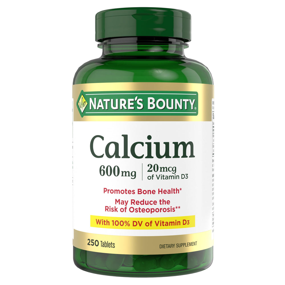Nature's Bounty calcium carbonate bottle with tablets for bone support.