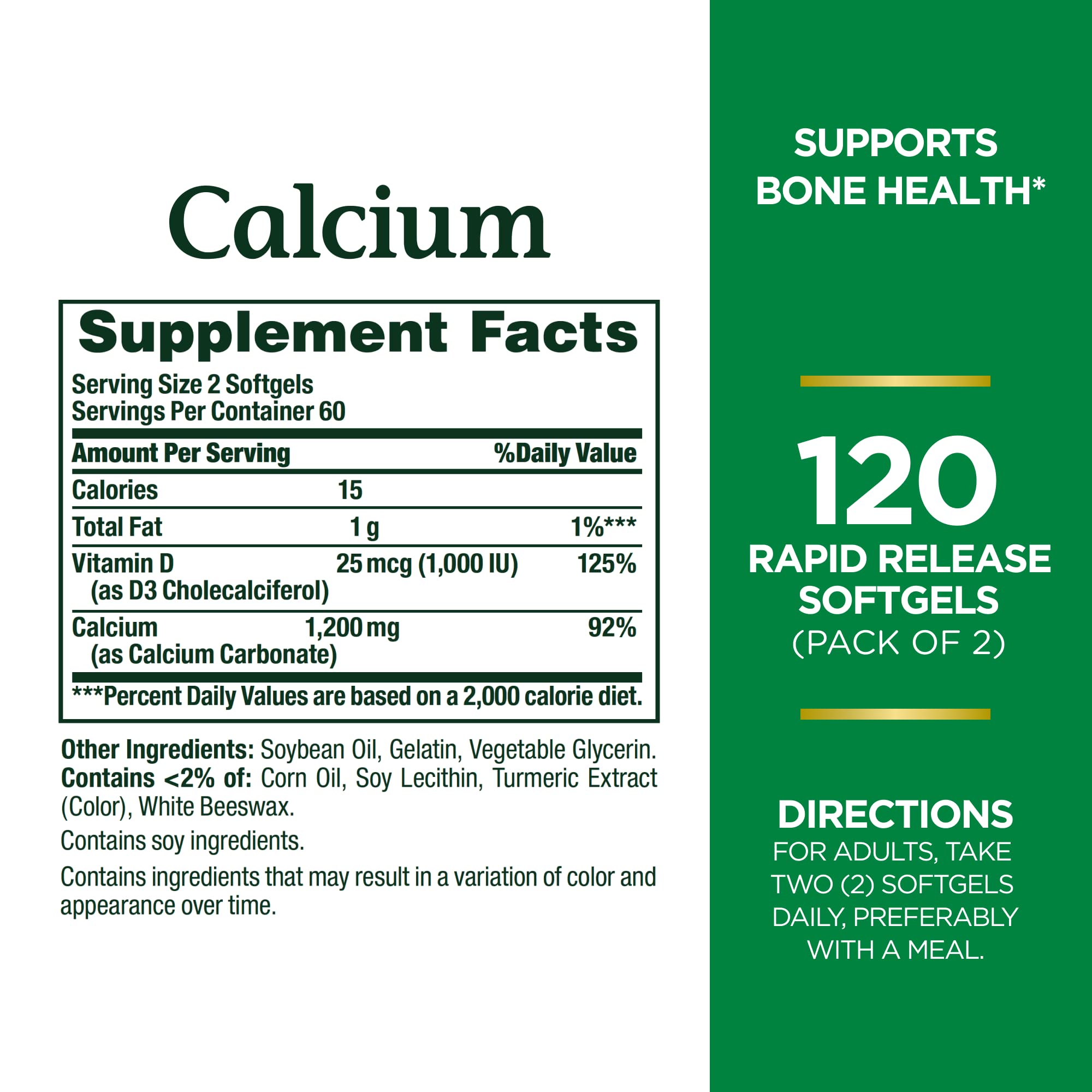 Nature's Bounty Calcium D3 softgels pack highlights easy daily calcium intake.