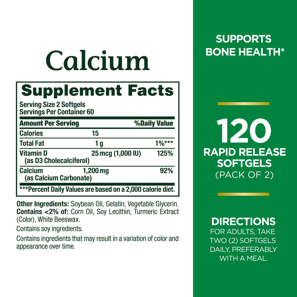 Nature's Bounty Calcium D3 softgels pack highlights easy daily calcium intake.