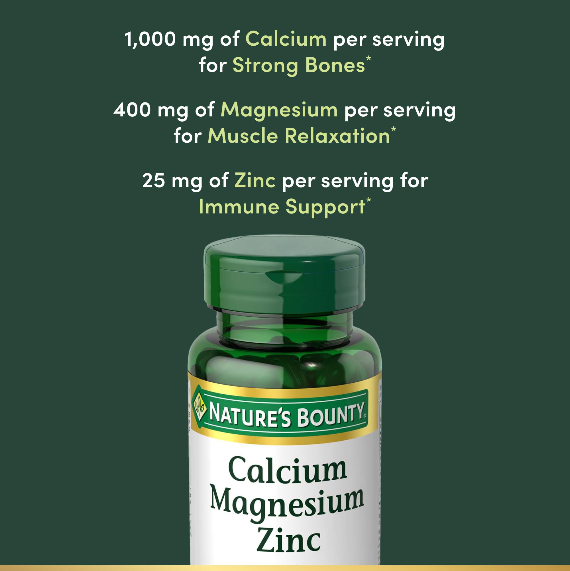 Nature's Bounty calcium magnesium zinc caplets tablet closeup shows easy swallow coating.