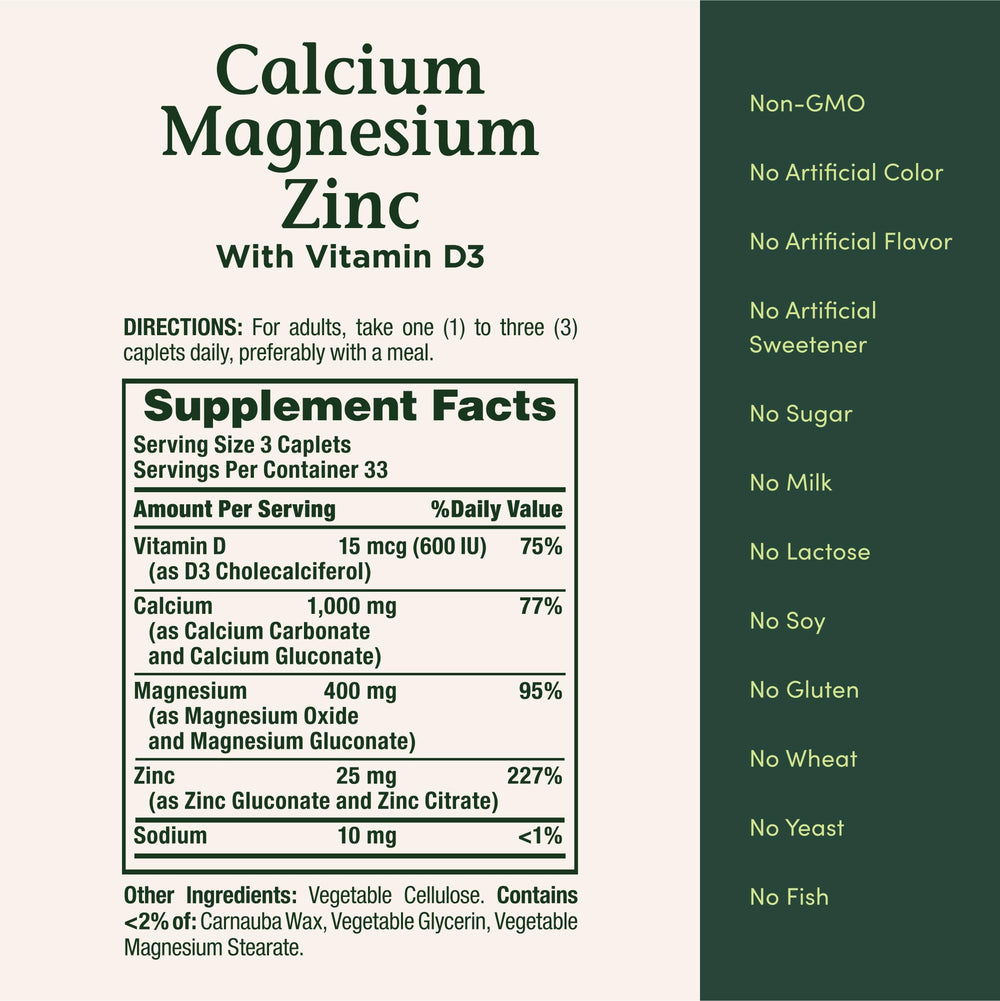 Nature's Bounty calcium magnesium zinc caplets vitamin D3 highlight supports absorption.