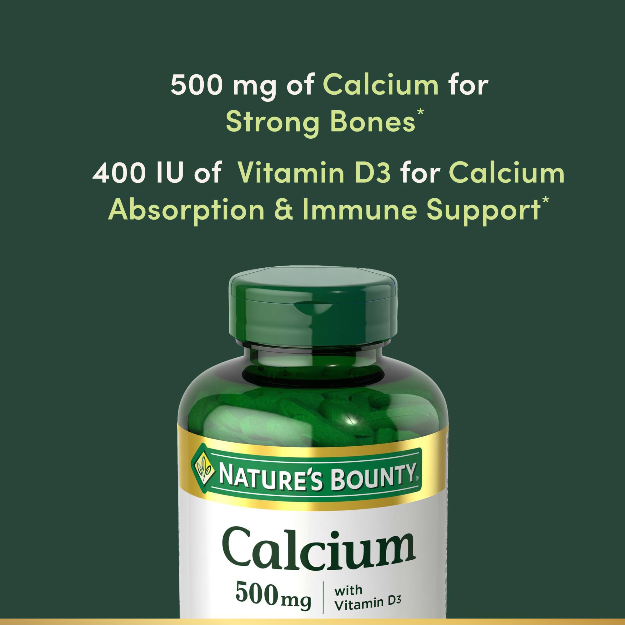 Nature's Bounty Calcium Plus 400 IU D3 label closeup showing 500 mg calcium.