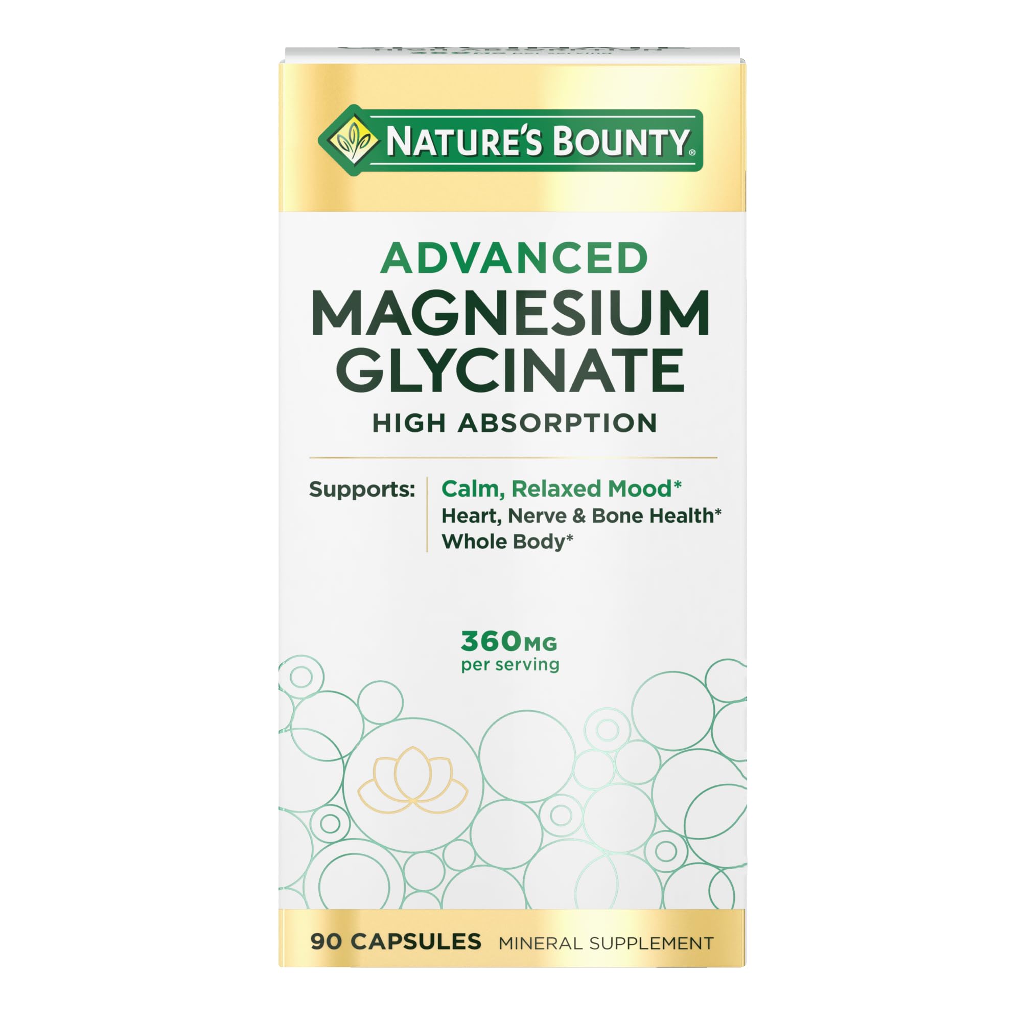Nature's Bounty Calm Magnesium Glycinate bottle highlighting high absorption for daily calm.
