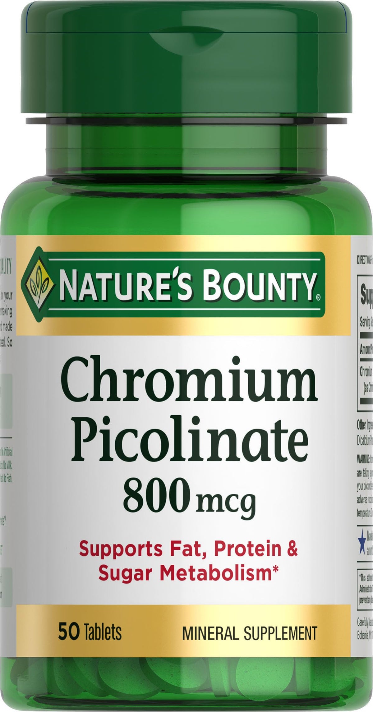 Nature's Bounty Chromium Picolinate 800 mcg bottle supports daily metabolism.