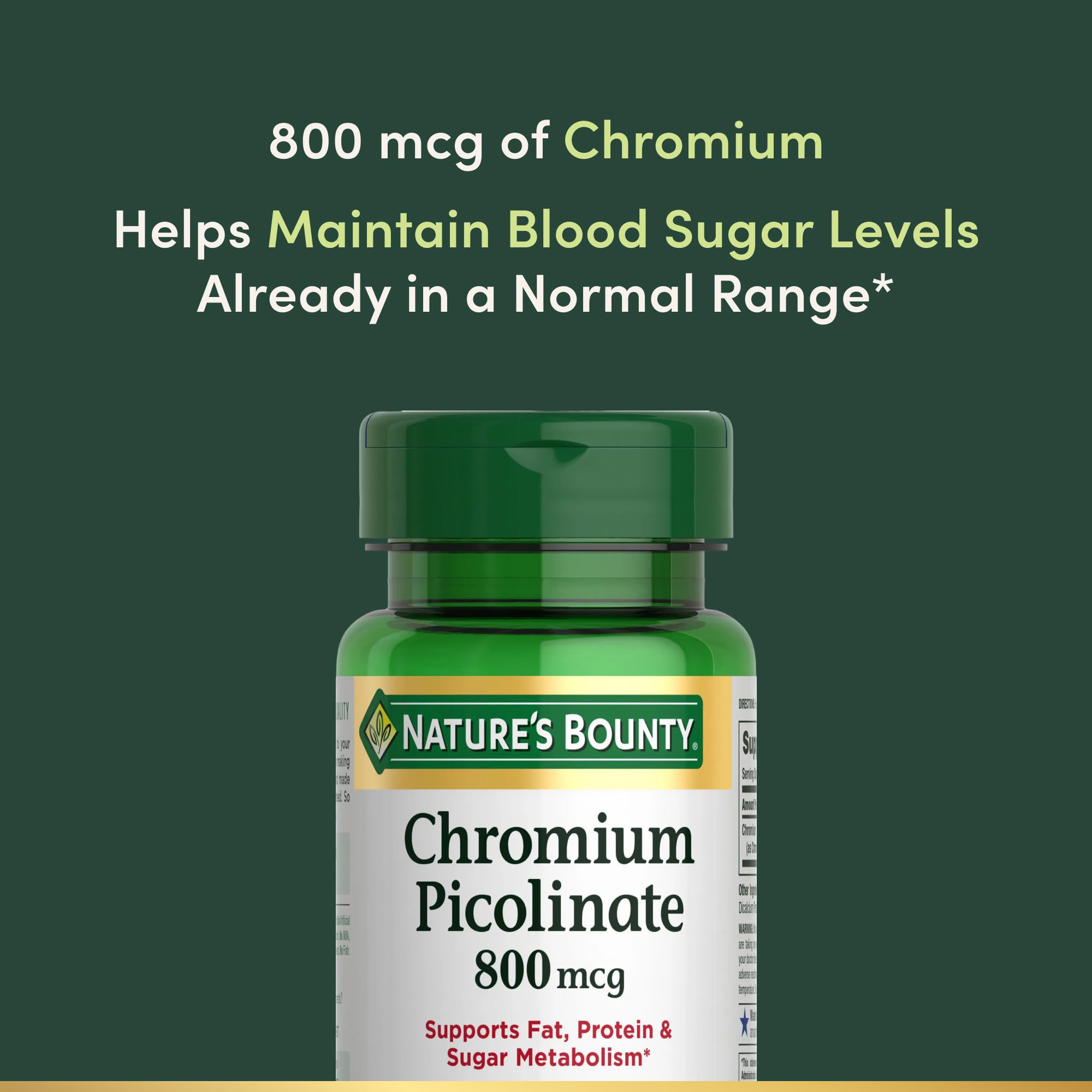 Crystal-clear chromium picolinate tablet close-up from Nature's Bounty.