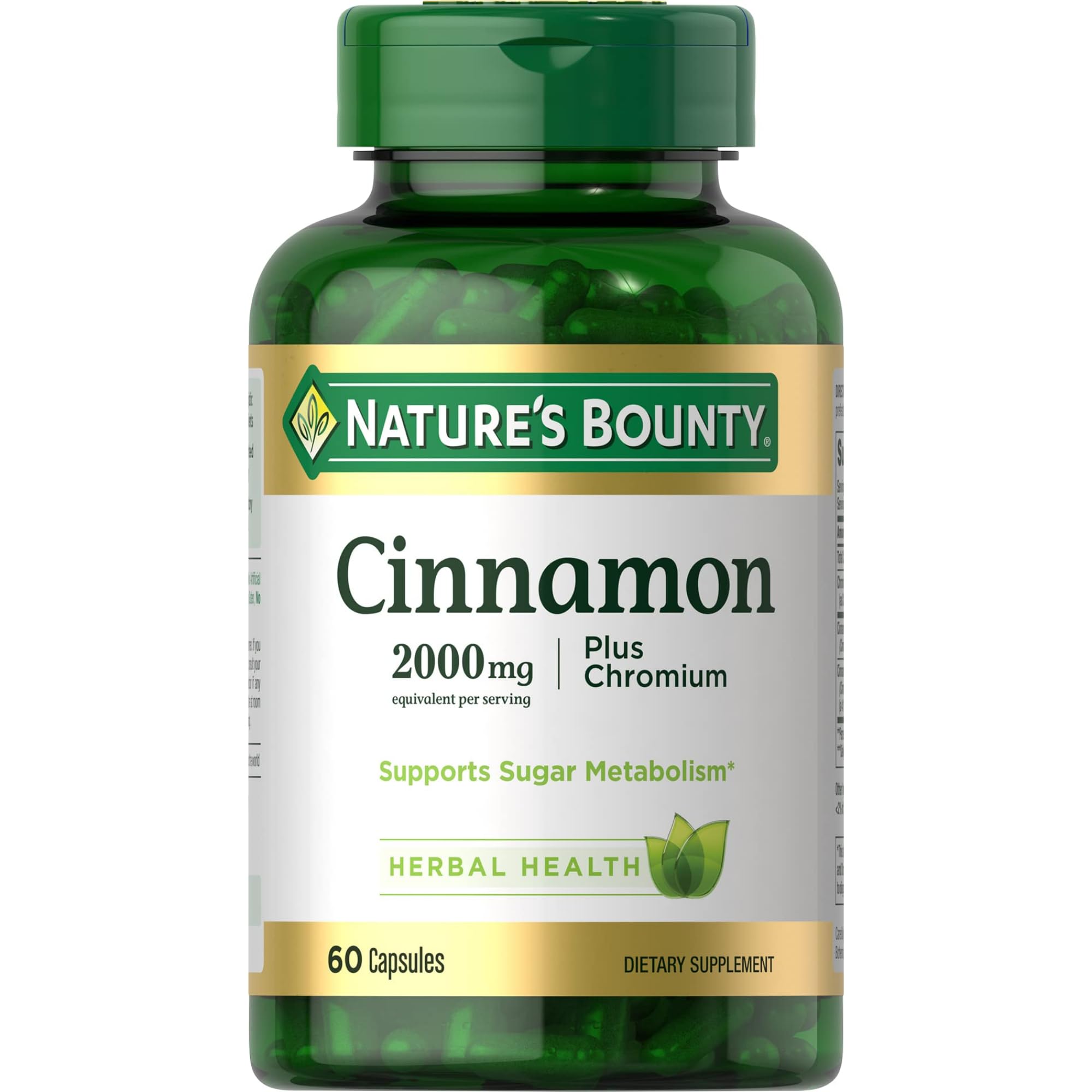 Nature's Bounty Cinnamon Plus Chromium bottle of capsules for daily sugar metabolism support.