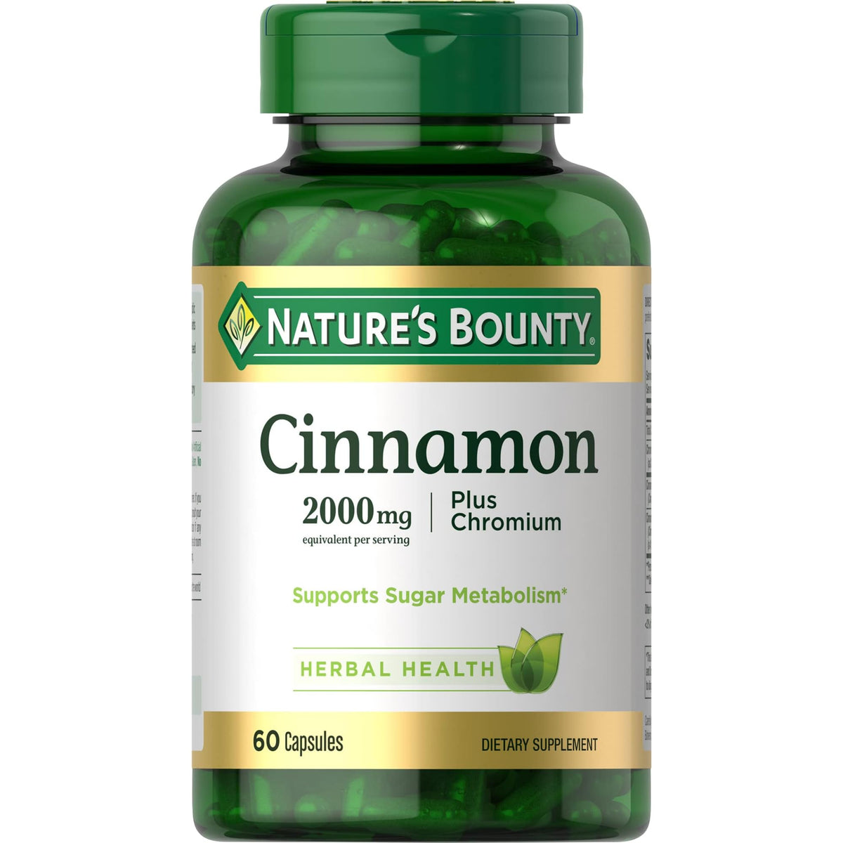 Nature's Bounty Cinnamon Plus Chromium bottle of capsules for daily sugar metabolism support.