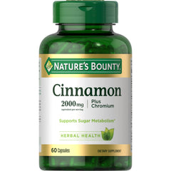 Nature's Bounty Cinnamon Plus Chromium bottle of capsules for daily sugar metabolism support.