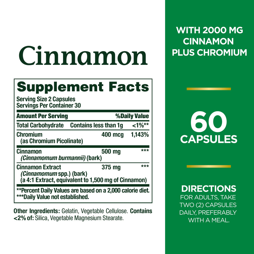 Opened Nature's Bounty Cinnamon Plus Chromium capsules ready to mix into food or drink.