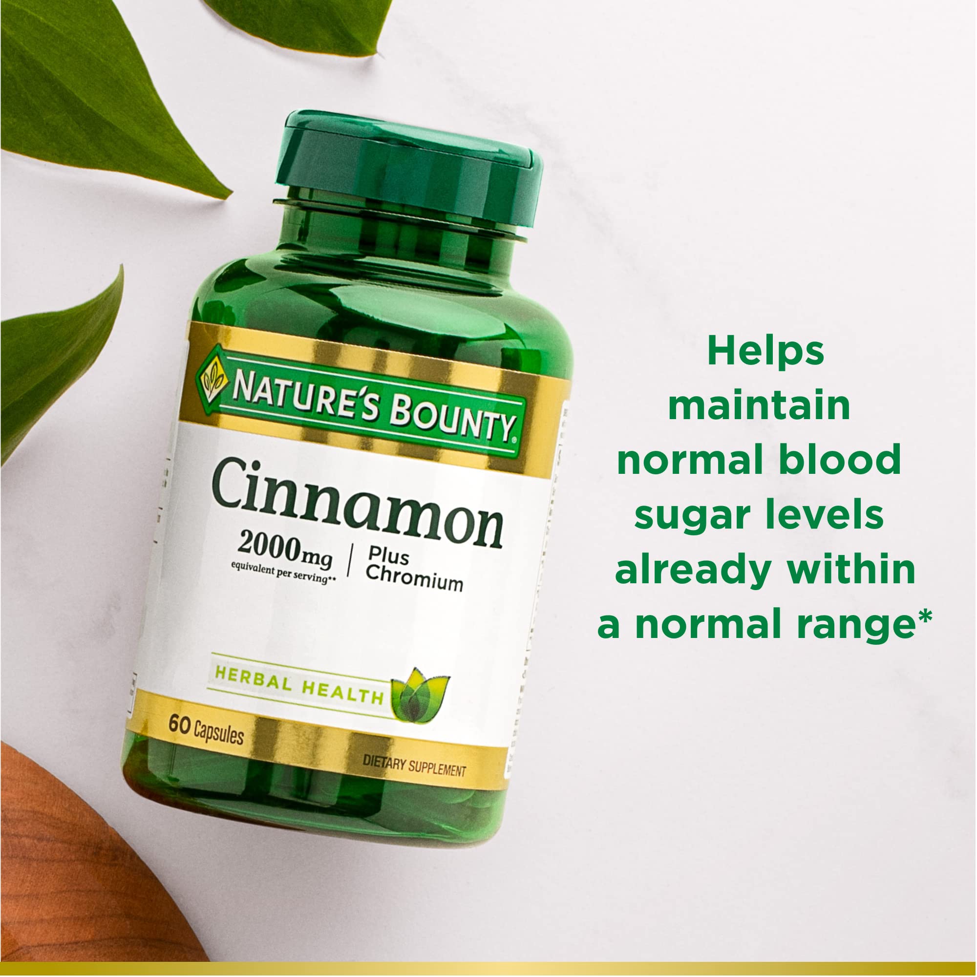 Packaging label highlighting non-GMO and gluten-free features of Nature's Bounty Cinnamon Plus Chromium.