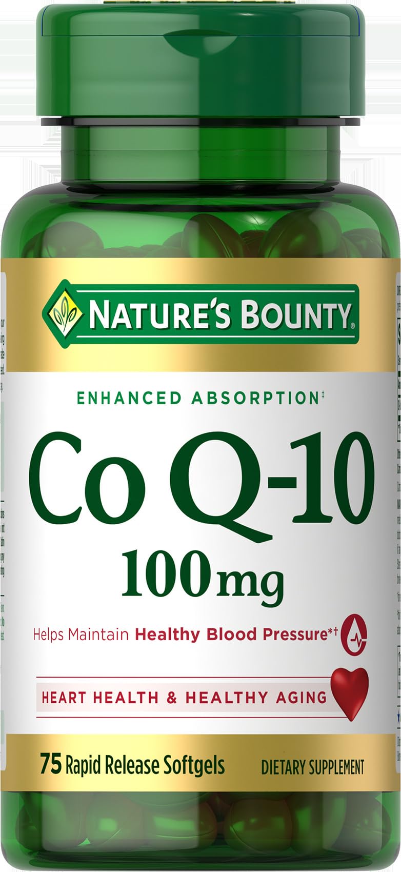 Nature's Bounty CoQ10 bottle closeup for heart health and energy support.