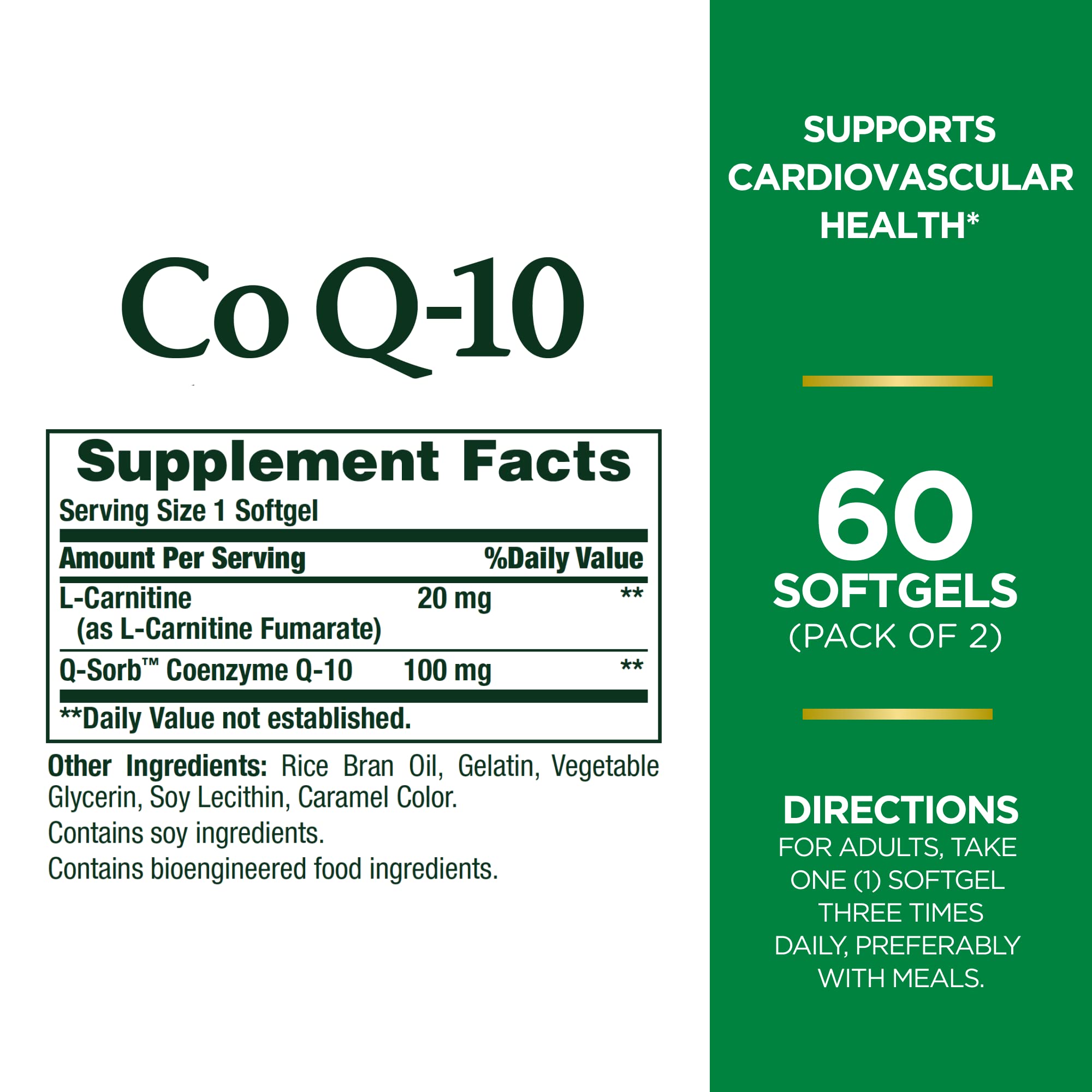Nature's Bounty CoQ10 + L-Carnitine softgels bottle side highlights ingredients and purity