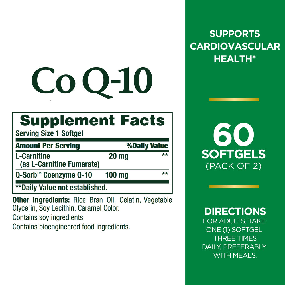 Nature's Bounty CoQ10 + L-Carnitine softgels bottle side highlights ingredients and purity