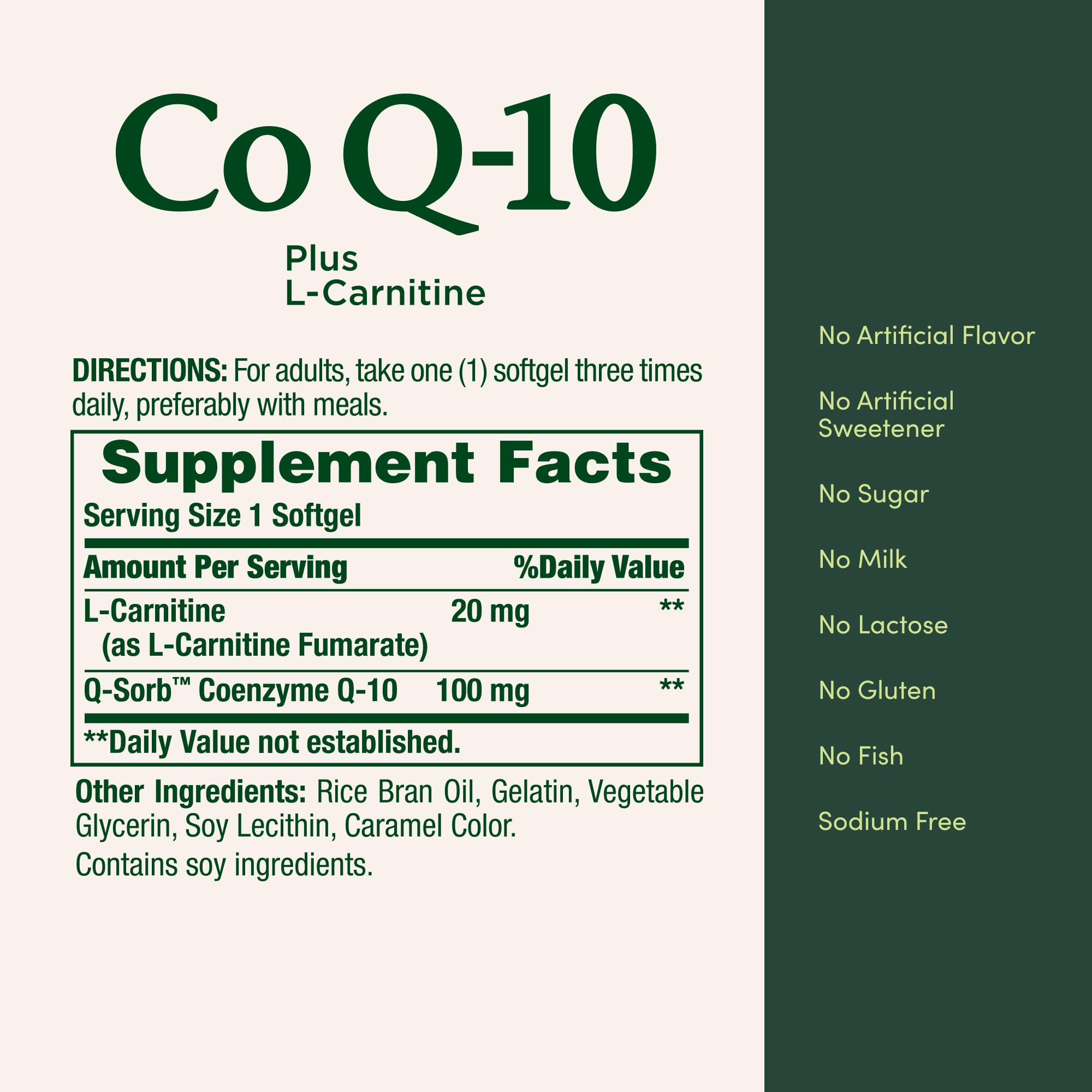 Ingredients panel of Nature's Bounty CoQ10 + L-Carnitine softgels showing gluten-free, sugar-free formula