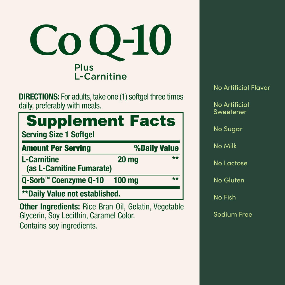 Ingredients panel of Nature's Bounty CoQ10 + L-Carnitine softgels showing gluten-free, sugar-free formula