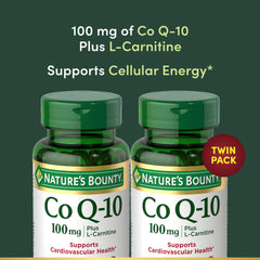 Label close-up of Nature's Bounty CoQ10 + L-Carnitine softgels with nutrition facts