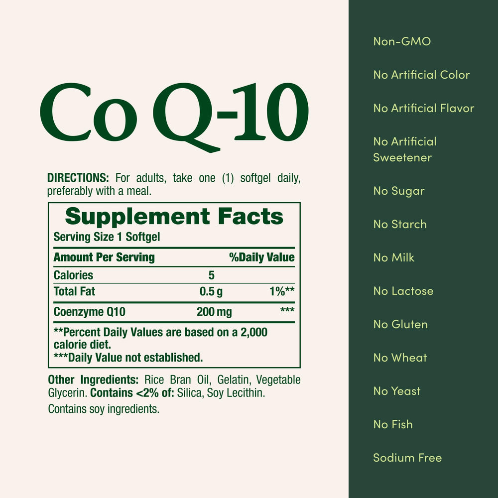 Jar label showing non-GMO and gluten-free claims for Nature's Bounty CoQ10