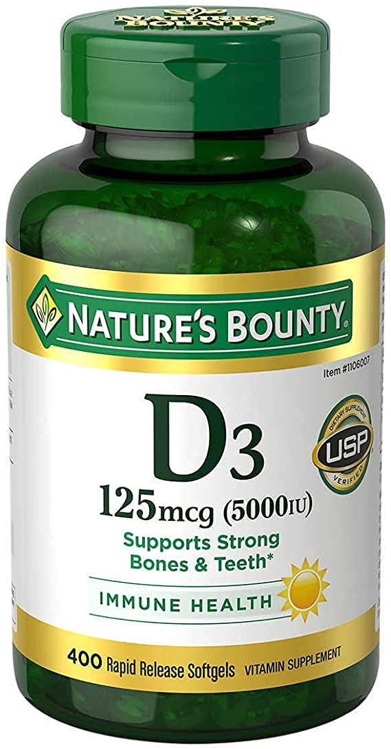 Nature's Bounty Immune D3 softgels bottle highlighting daily bone and immune support.