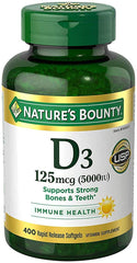Nature's Bounty Immune D3 softgels bottle highlighting daily bone and immune support.