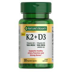 Nature's Bounty D3 K2 bottle front showing bone and immune support.