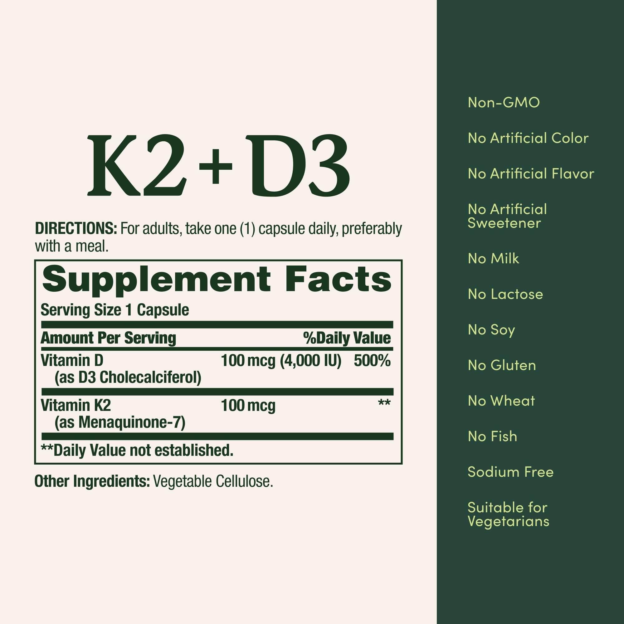 Nature's Bounty D3 K2 daily-use graphic illustrates taking one capsule with meals.