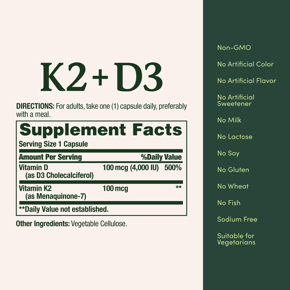 Nature's Bounty D3 K2 daily-use graphic illustrates taking one capsule with meals.