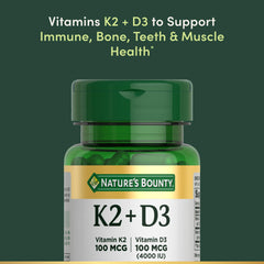 Nature's Bounty D3 K2 label front emphasizes sun-derived D3 and calcium activation.