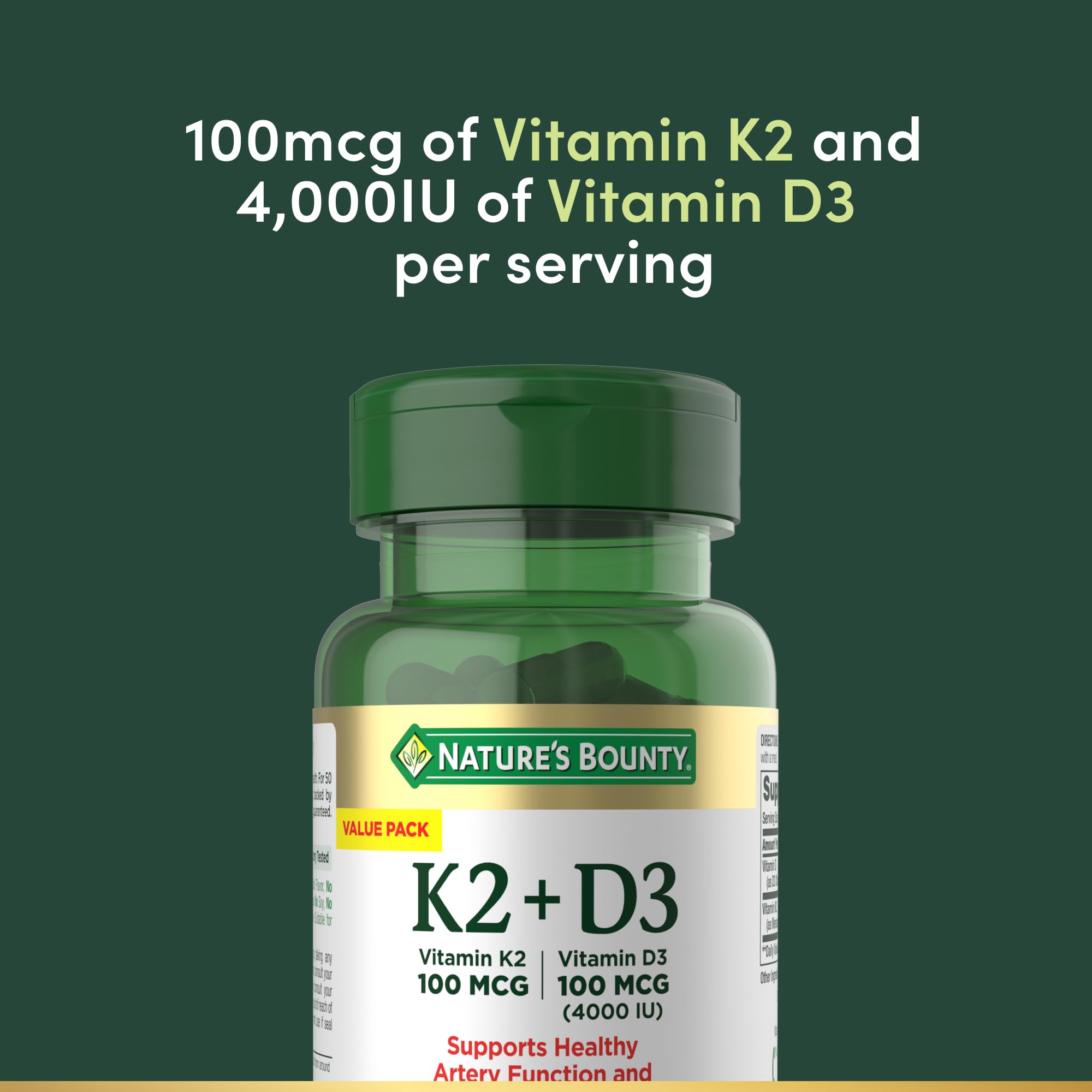 Nature’s Bounty D3K2 capsules closeup emphasizes vegetarian capsules for daily use.
