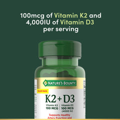 Nature’s Bounty D3K2 capsules closeup emphasizes vegetarian capsules for daily use.