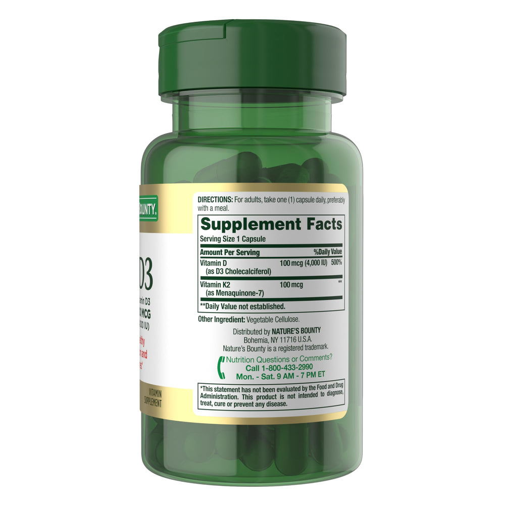 Nature’s Bounty D3K2 gluten-free symbol signals dietary compatibility.