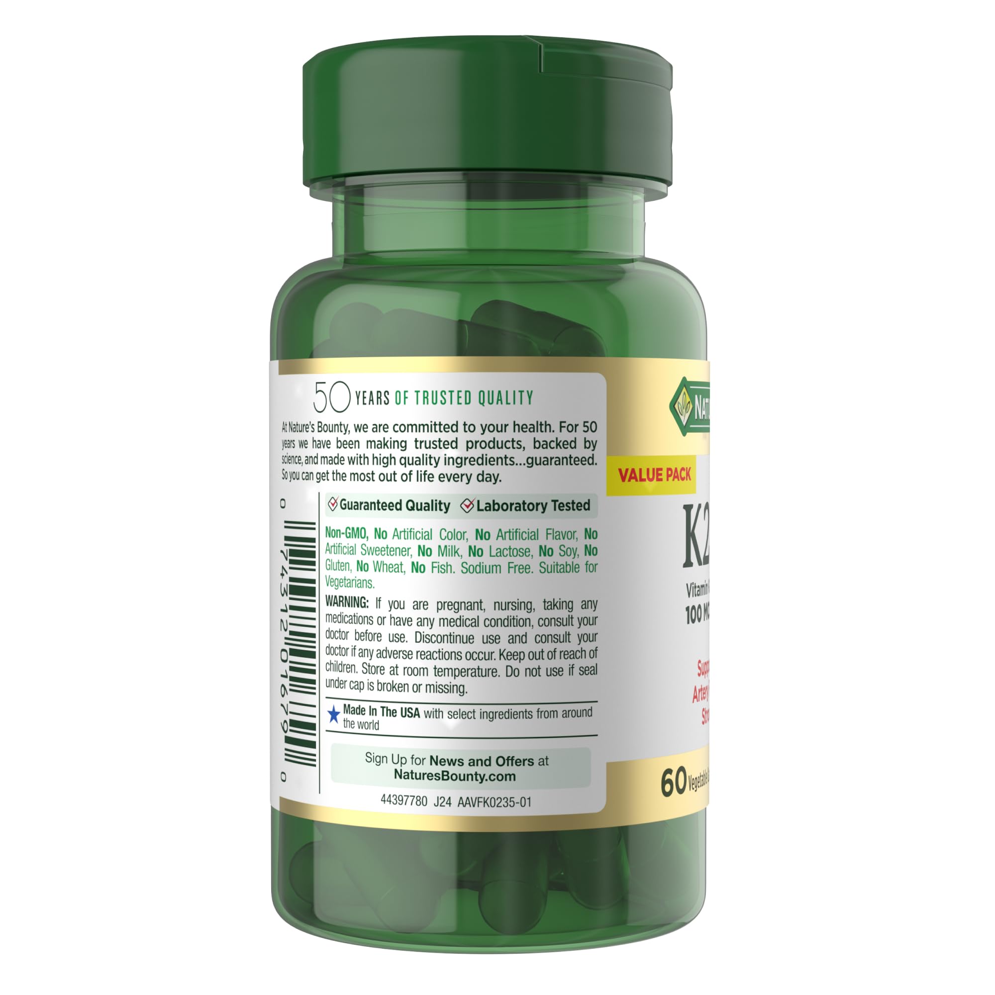 Nature’s Bounty D3K2 veggie capsules pack highlights a vegetarian option.