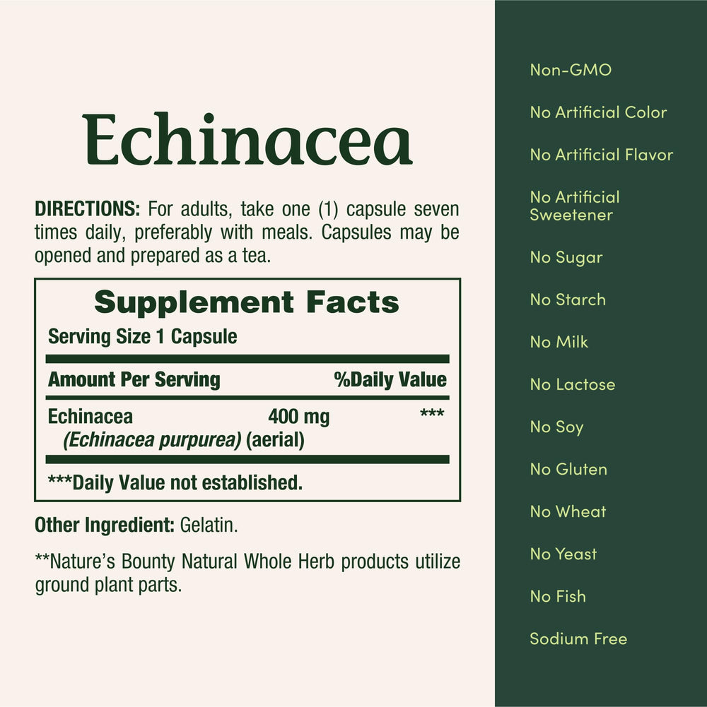Closeup of Nature's Bounty Echinacea capsules highlighting herbal supplement.
