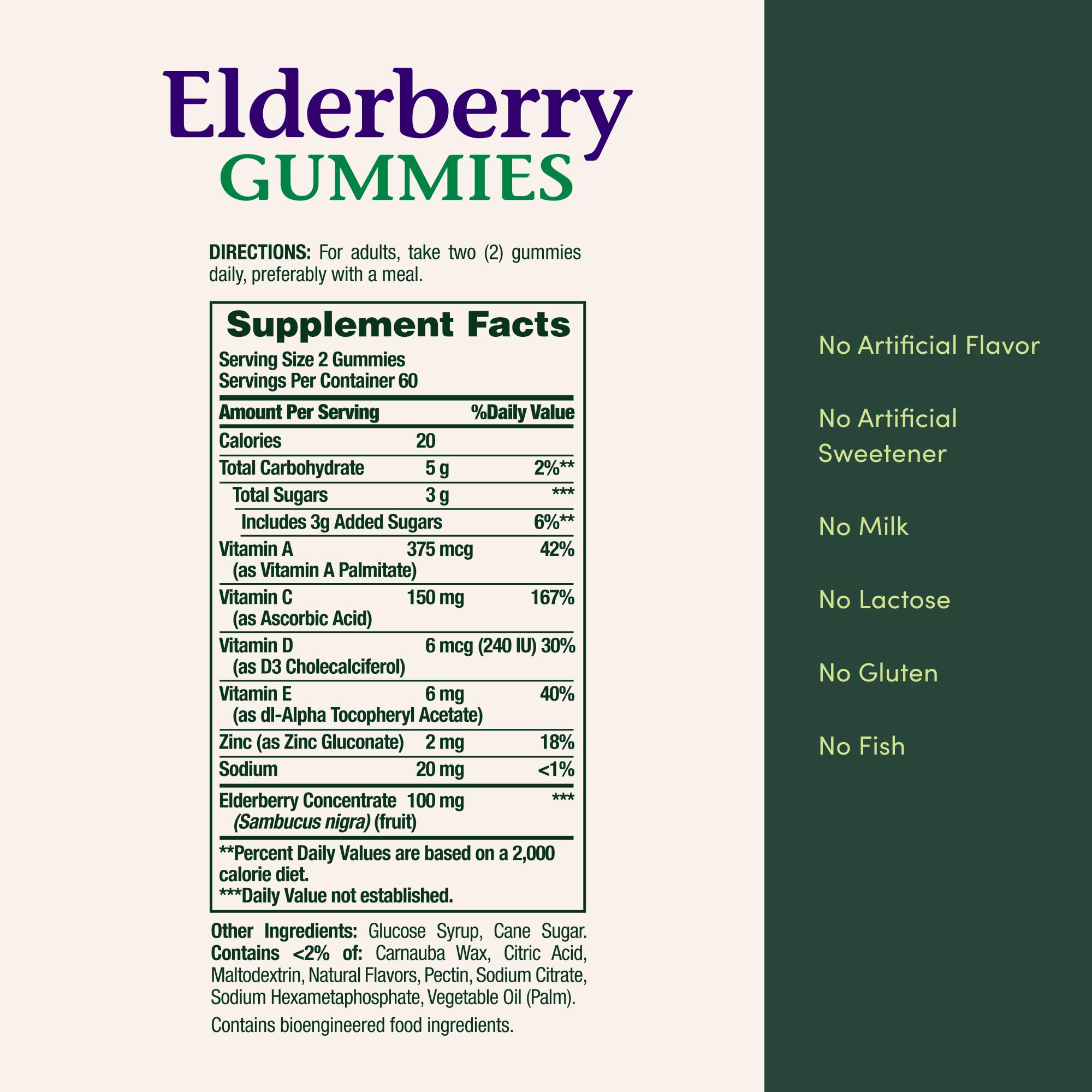 Ingredients panel of Nature's Bounty Elderberry Gummies with vitamin notes