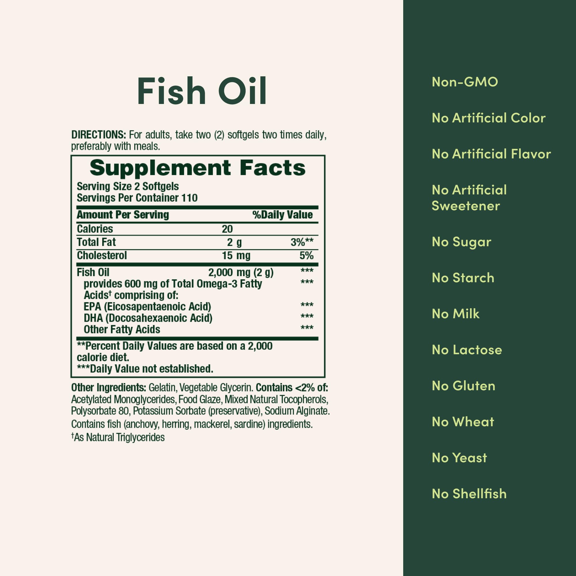 Nature's Bounty Fish Oil bottle with Non-GMO ingredients badge visible.