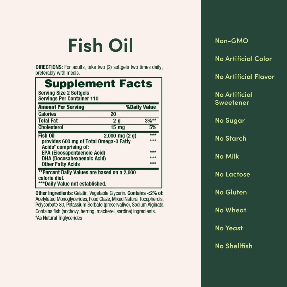 Nature's Bounty Fish Oil bottle with Non-GMO ingredients badge visible.