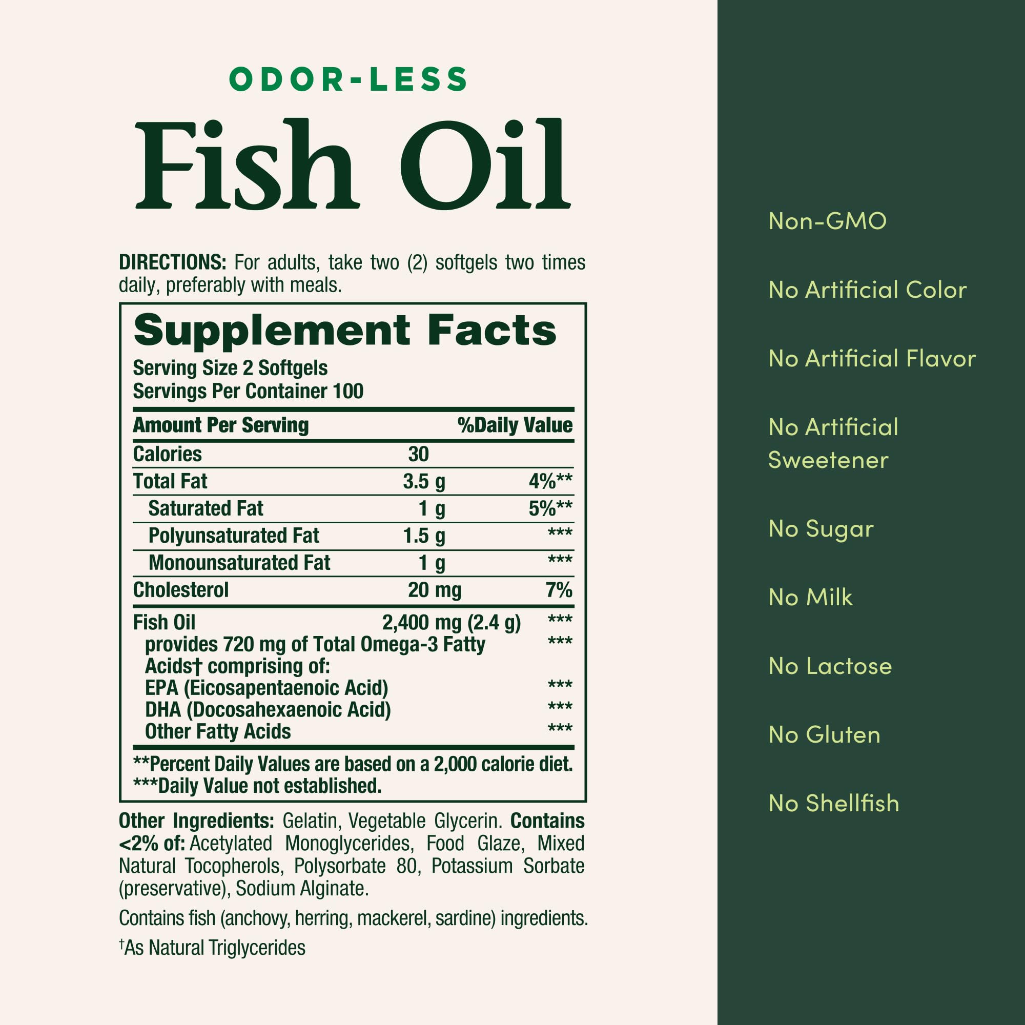 Nature's Bounty Fish Oil bottle packaging shows gluten-free and non-GMO traits.