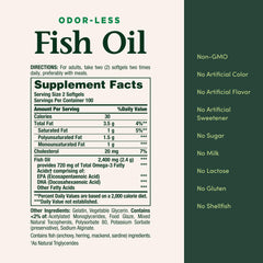 Nature's Bounty Fish Oil bottle packaging shows gluten-free and non-GMO traits.