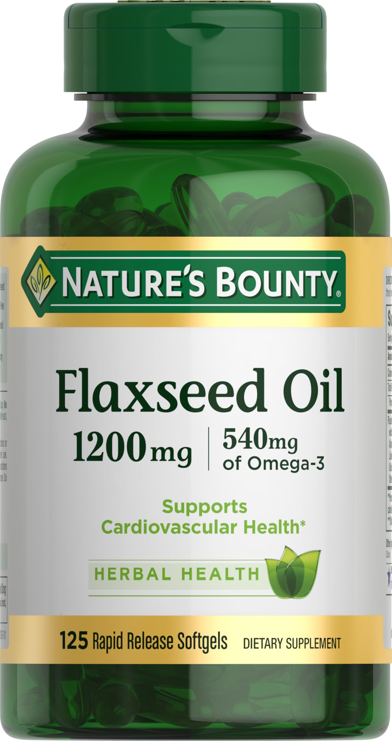 Nature's Bounty flaxseed omega-3 softgels bottle, label visible, supporting daily heart wellness.