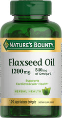 Nature's Bounty flaxseed omega-3 softgels bottle, label visible, supporting daily heart wellness.