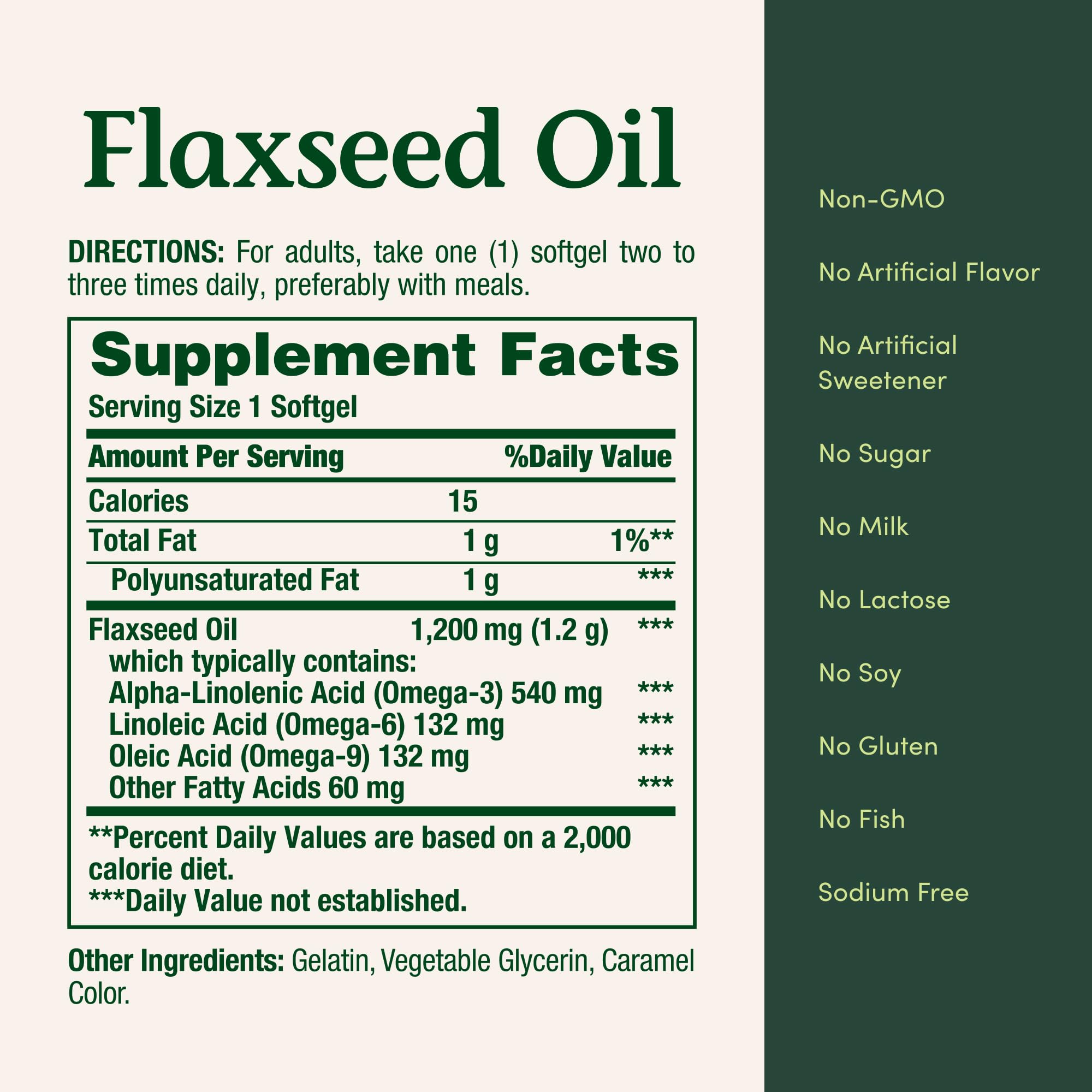 125-count carton labeled Nature's Bounty flaxseed oil offers easy daily usage.