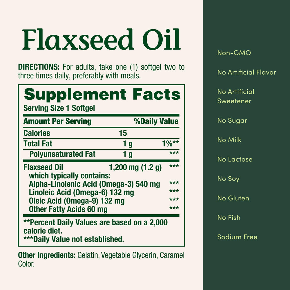 125-count carton labeled Nature's Bounty flaxseed oil offers easy daily usage.