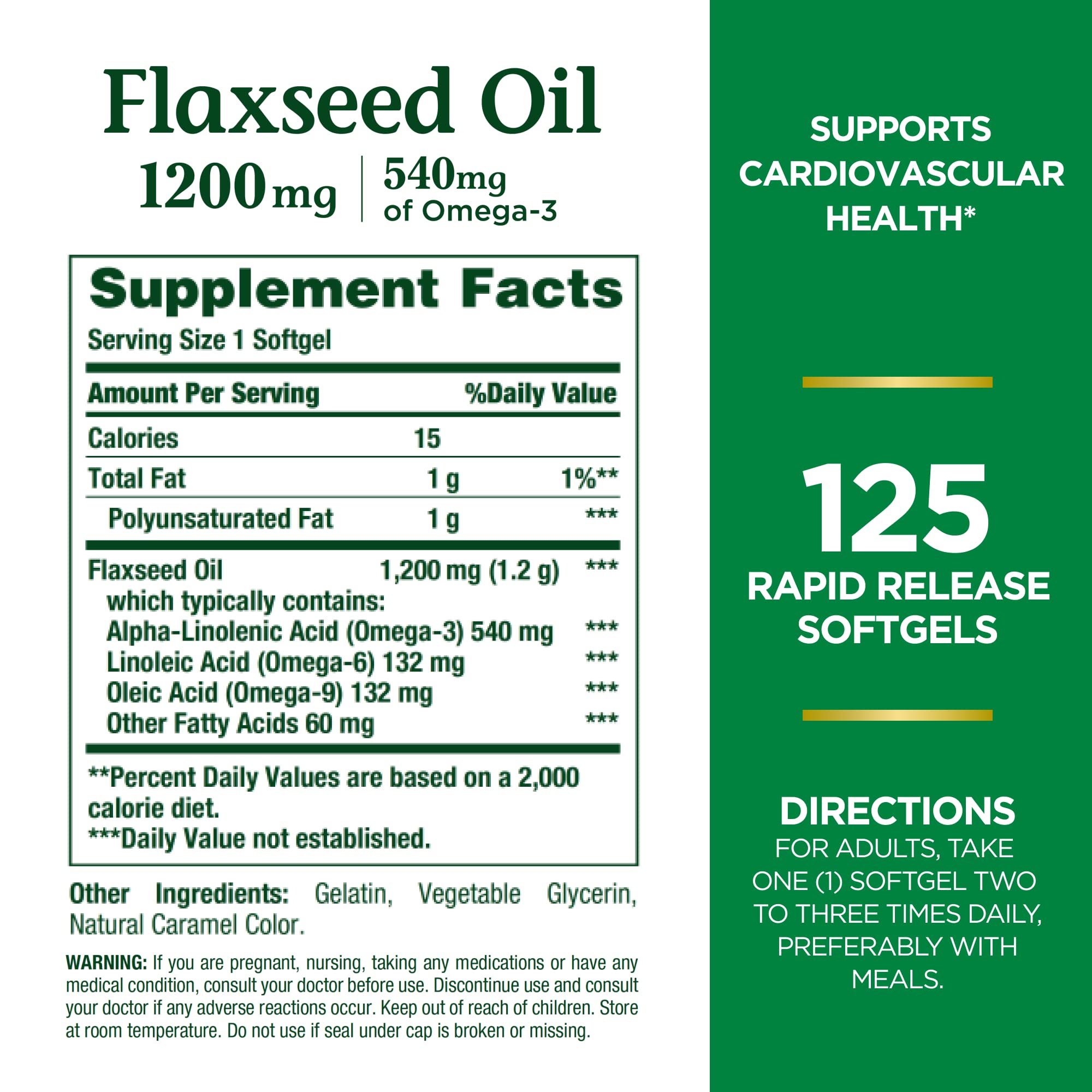 Nature's Bounty flaxseed omega-3 softgels bottle pouring capsules, convenient for on-the-go nutrition.