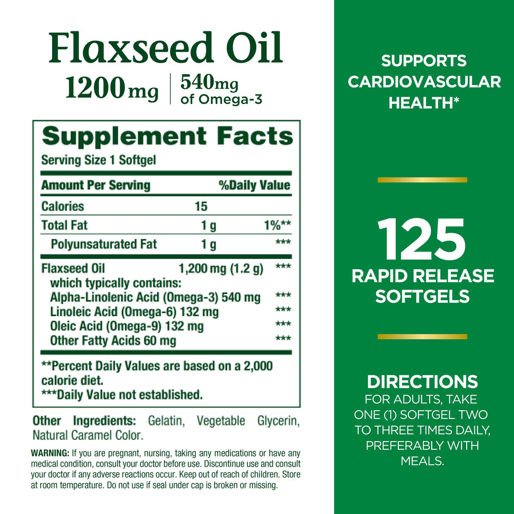 Nature's Bounty flaxseed omega-3 softgels bottle pouring capsules, convenient for on-the-go nutrition.